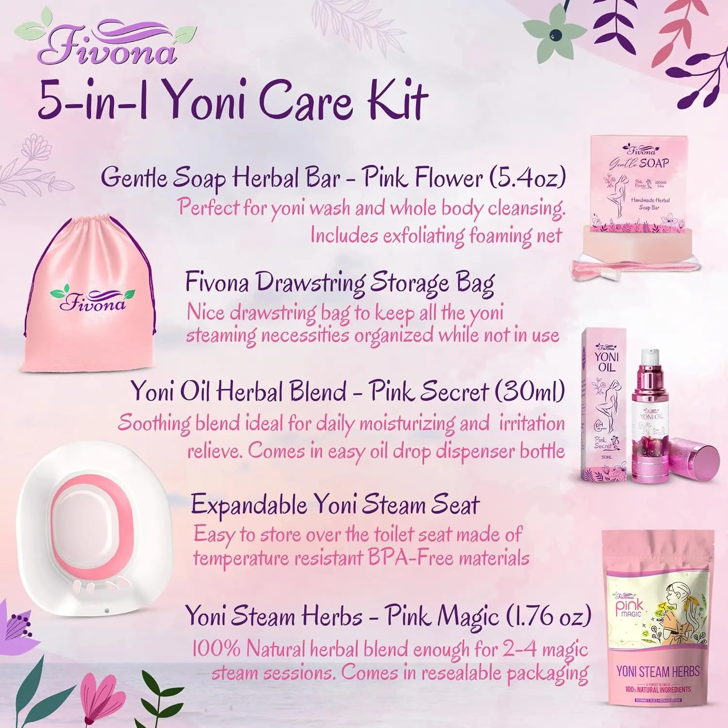Fivona yoni care kit includes a sitz bath seat, Pink Magic yoni steam herbs, feminine oil, herbal soap, and storage bag for natural feminine care.