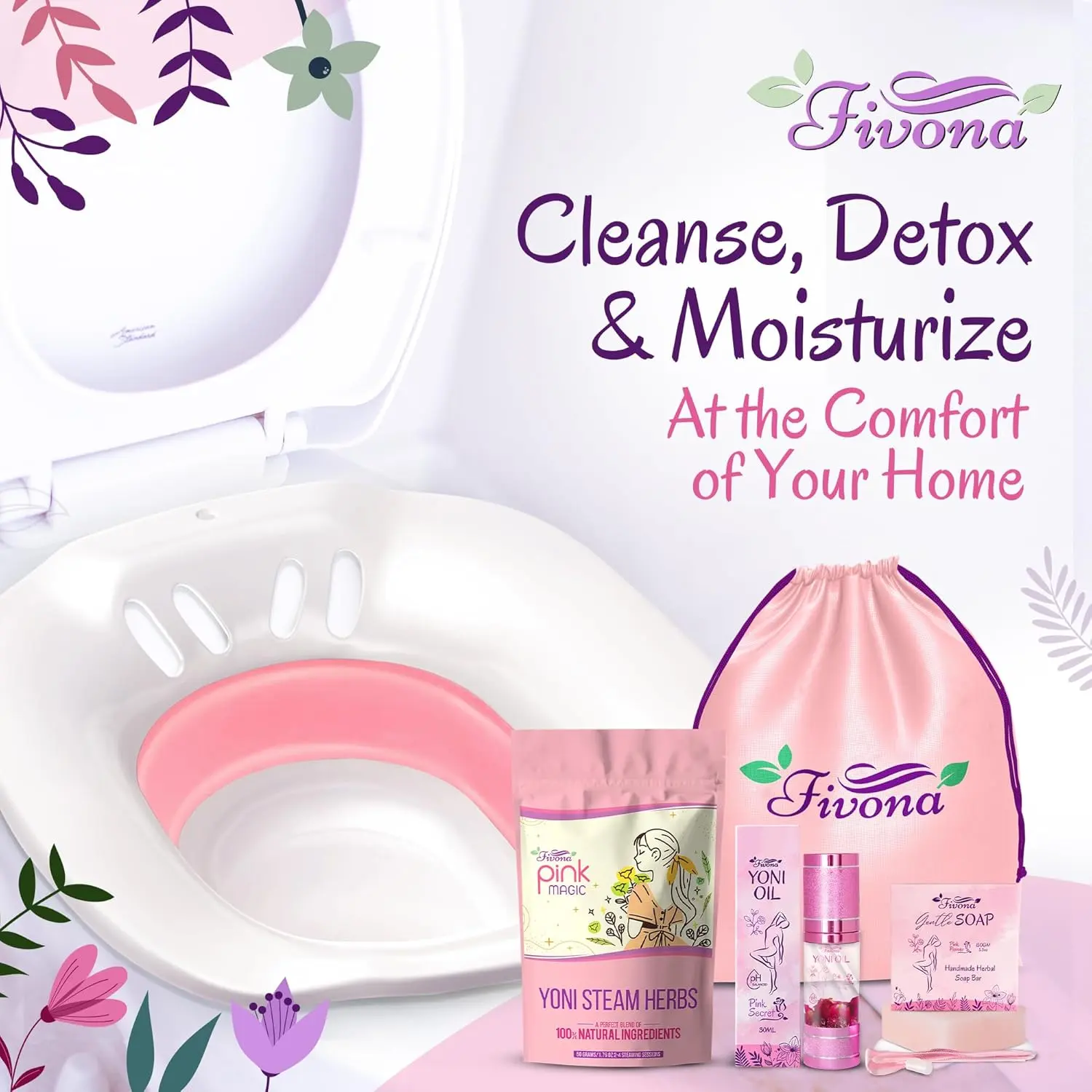 Fivona yoni care kit includes a sitz bath seat, Pink Magic yoni steam herbs, feminine oil, herbal soap, and storage bag for natural feminine care.