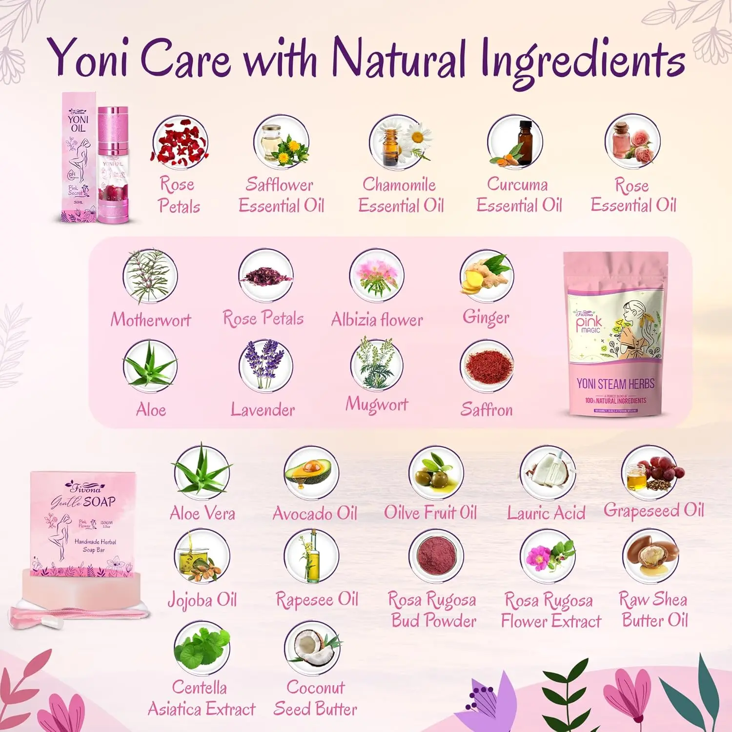 Fivona yoni care kit includes a sitz bath seat, Pink Magic yoni steam herbs, feminine oil, herbal soap, and storage bag for natural feminine care.