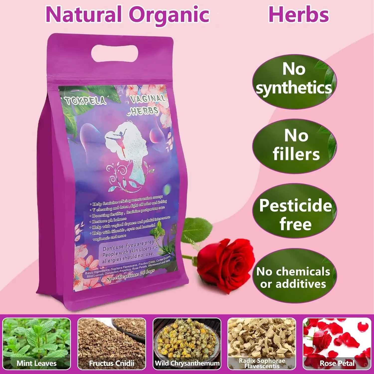 Natural yoni steaming herbs with wormwood and rose petals help with feminine cleansing, odor, pH balance, and postpartum care, conveniently packaged in individual filter bags for up to 20 steams.