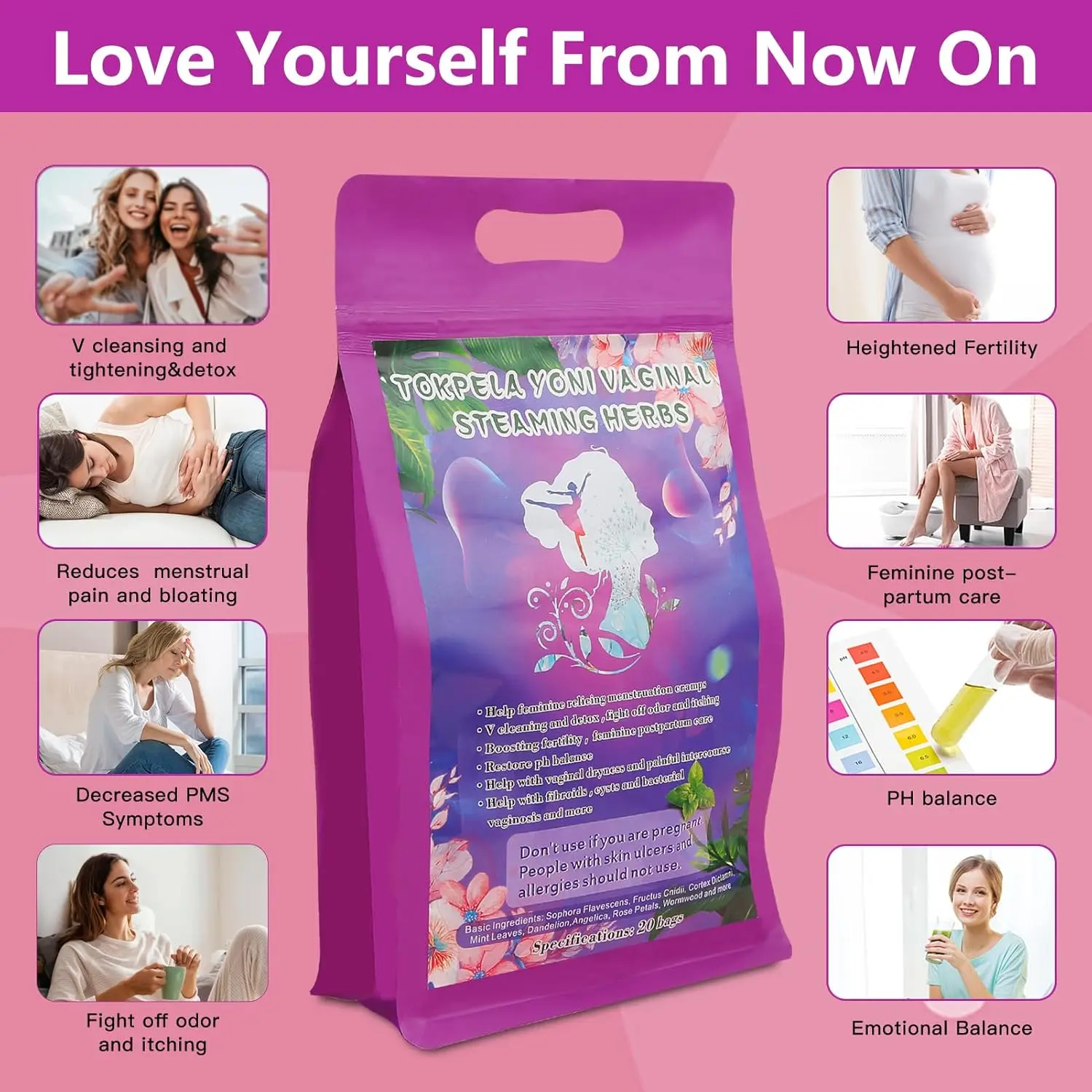 Natural yoni steaming herbs with wormwood and rose petals help with feminine cleansing, odor, pH balance, and postpartum care, conveniently packaged in individual filter bags for up to 20 steams.