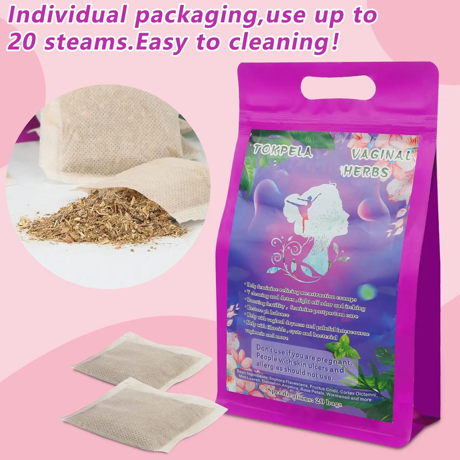 Natural yoni steaming herbs with wormwood and rose petals help with feminine cleansing, odor, pH balance, and postpartum care, conveniently packaged in individual filter bags for up to 20 steams.