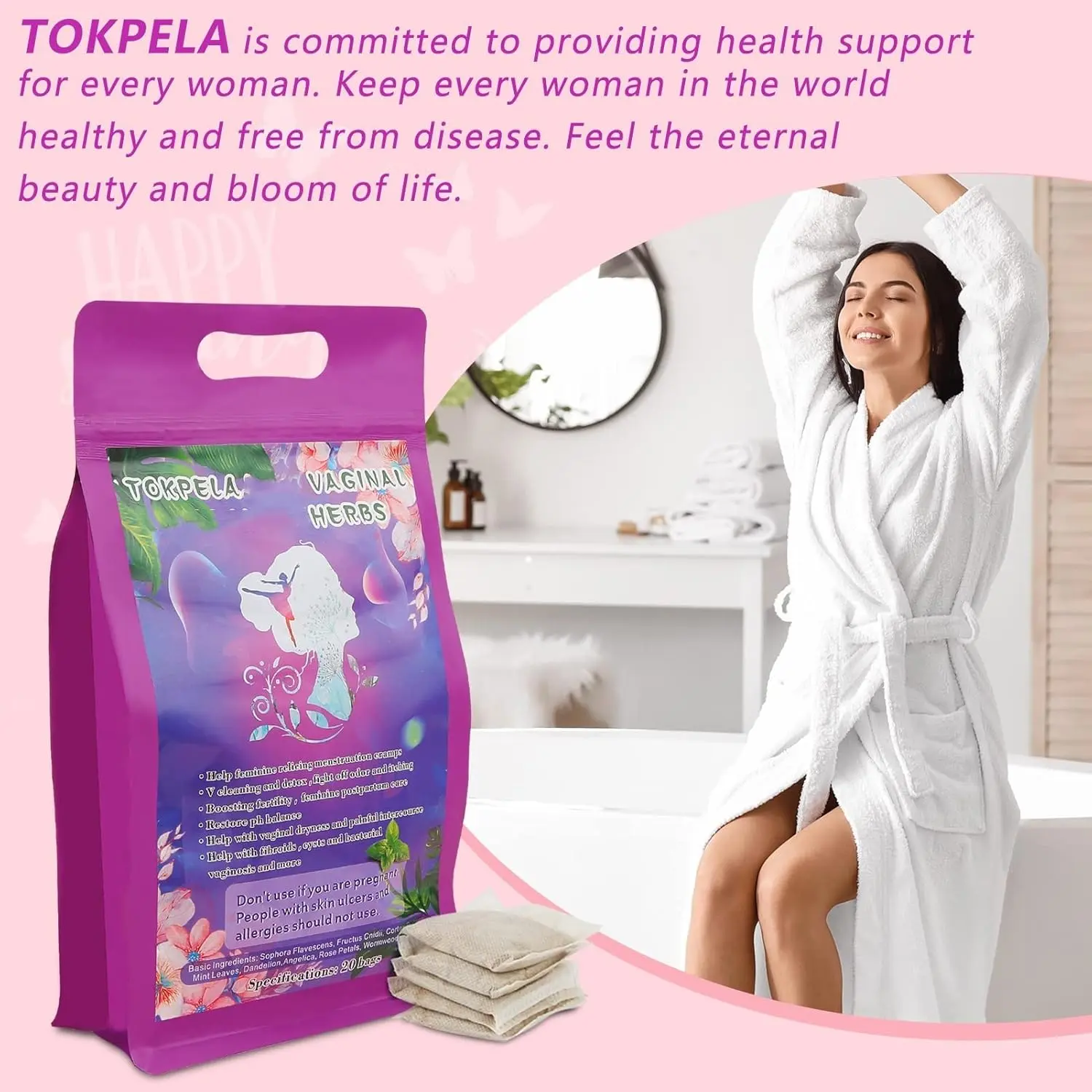 Natural yoni steaming herbs with wormwood and rose petals help with feminine cleansing, odor, pH balance, and postpartum care, conveniently packaged in individual filter bags for up to 20 steams.