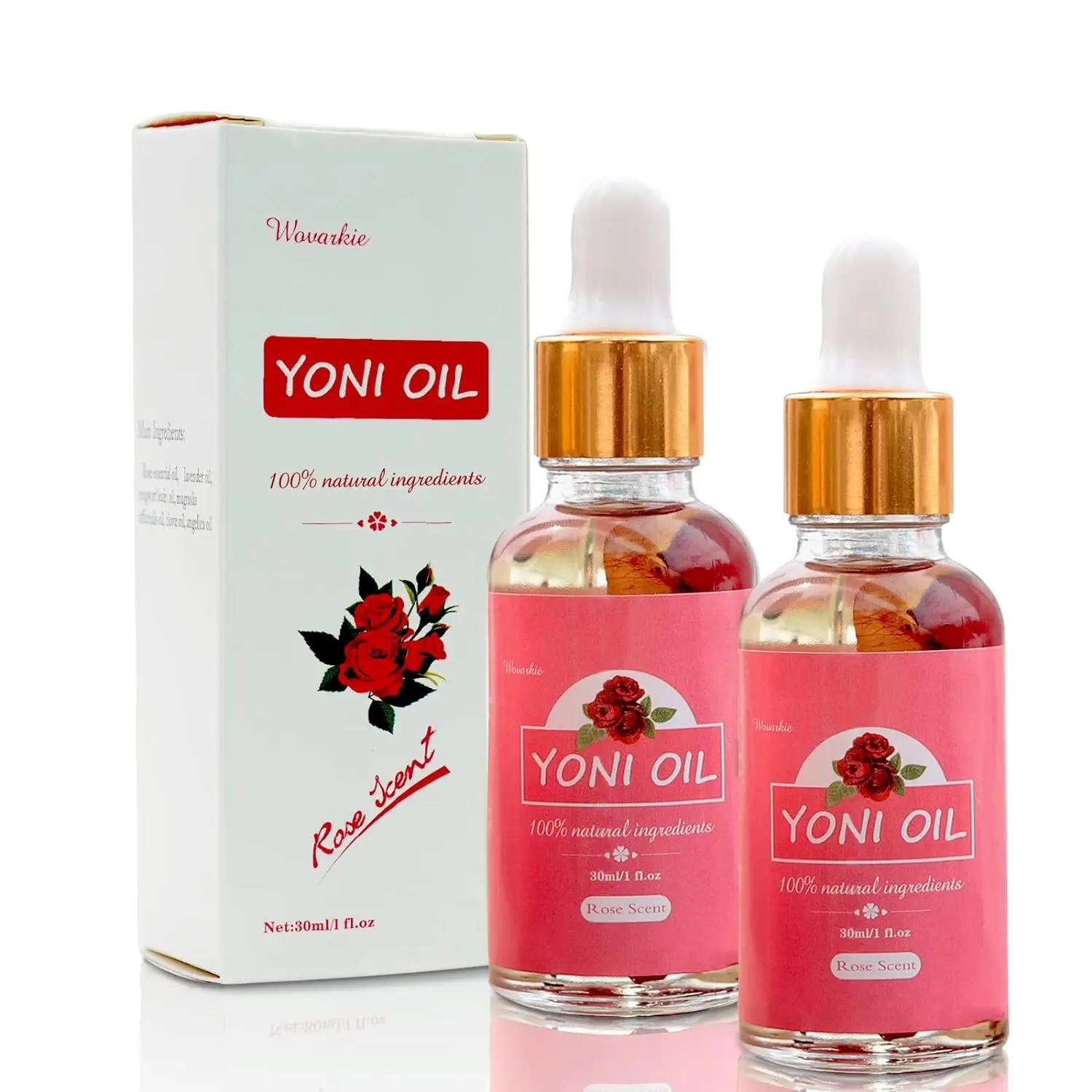 Two bottles of natural yoni oil for feminine care, featuring rose petals, designed to moisturize, balance pH, and eliminate odor.