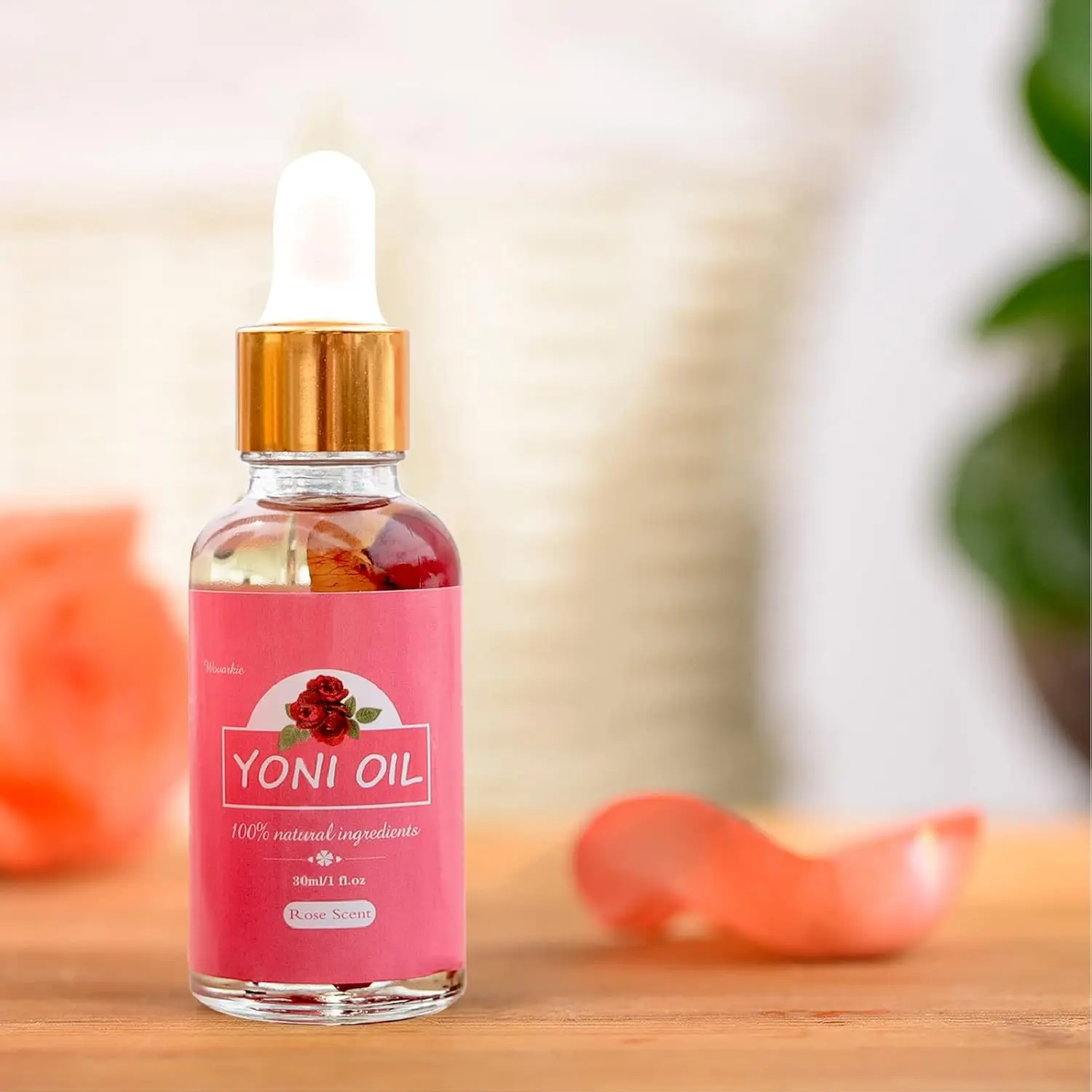 Two bottles of natural yoni oil for feminine care, featuring rose petals, designed to moisturize, balance pH, and eliminate odor.