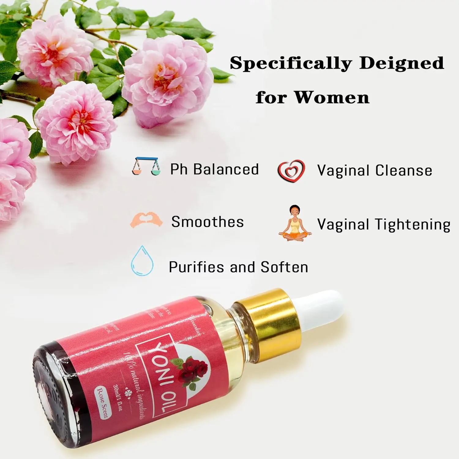 Two bottles of natural yoni oil for feminine care, featuring rose petals, designed to moisturize, balance pH, and eliminate odor.