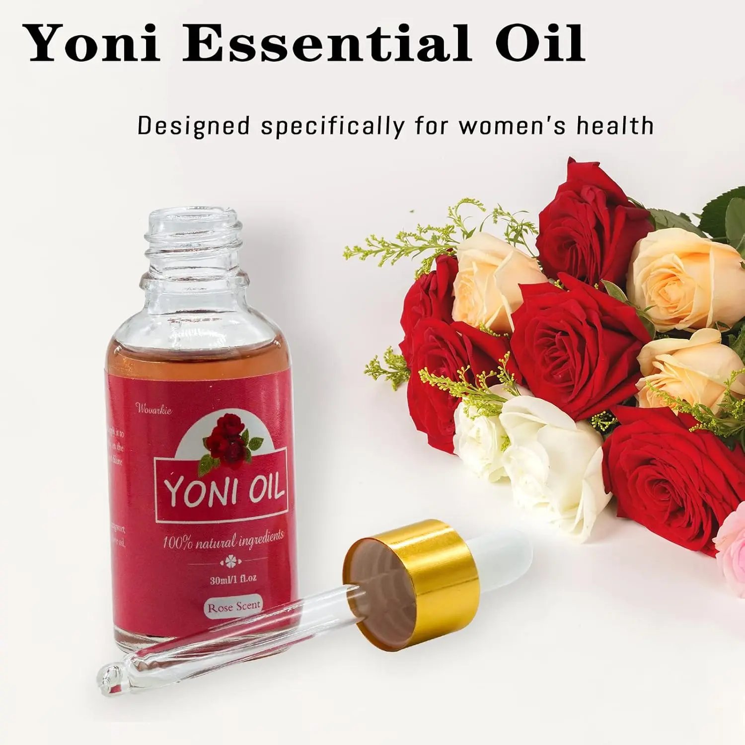 Two bottles of natural yoni oil for feminine care, featuring rose petals, designed to moisturize, balance pH, and eliminate odor.