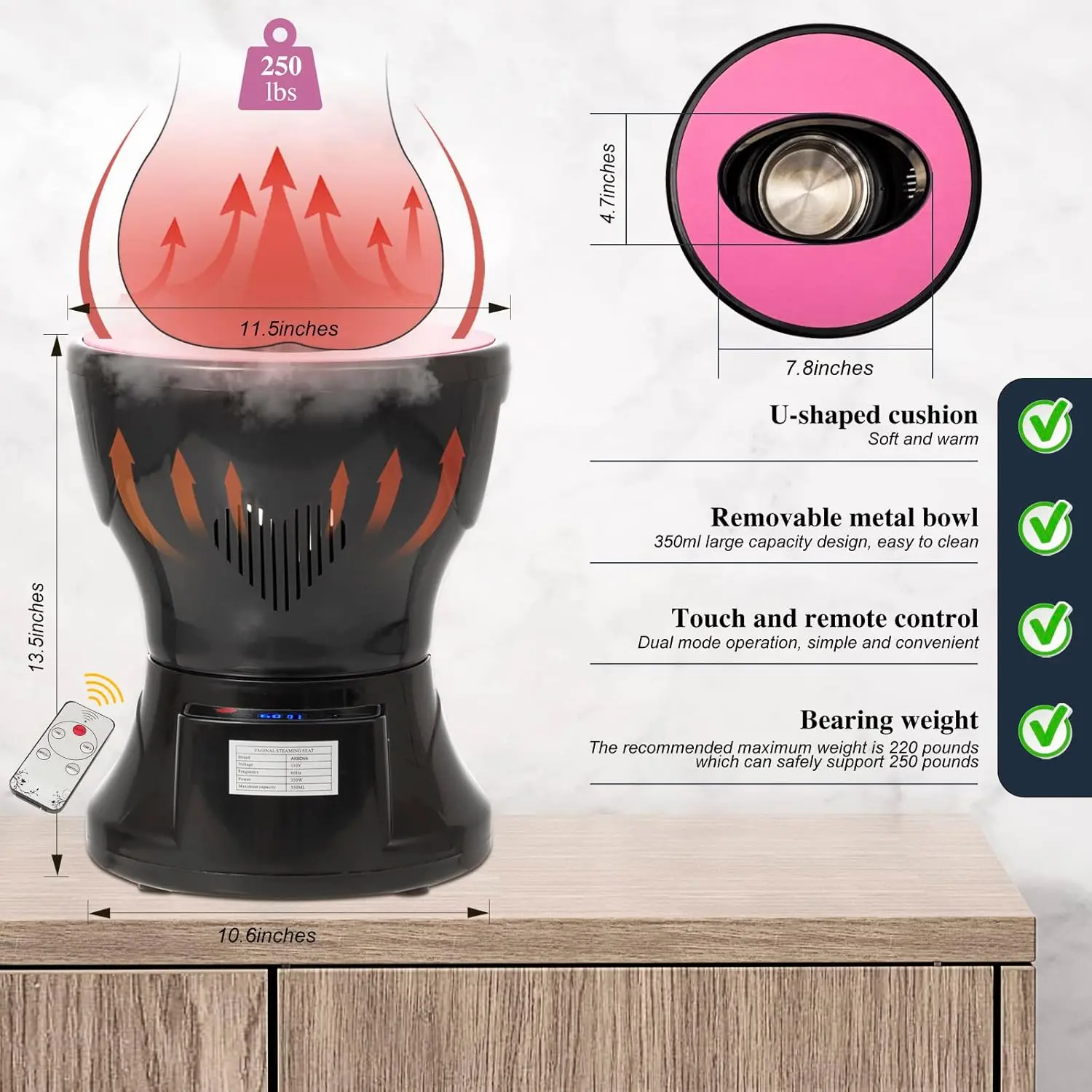 This yoni seat kit includes steaming herbs, a U cushion, and an electric v steam seat for convenient and comfortable at-home feminine care.