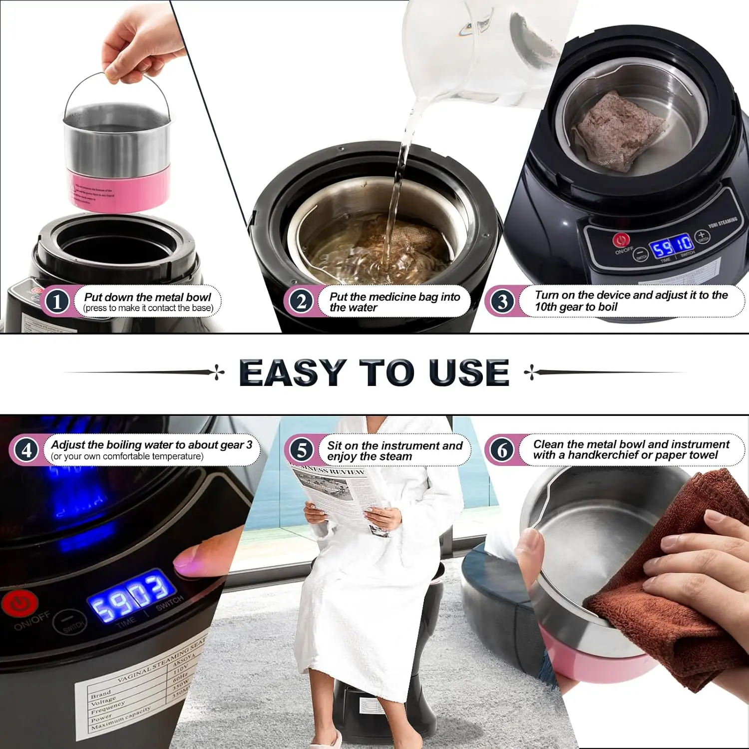 This yoni seat kit includes steaming herbs, a U cushion, and an electric v steam seat for convenient and comfortable at-home feminine care.