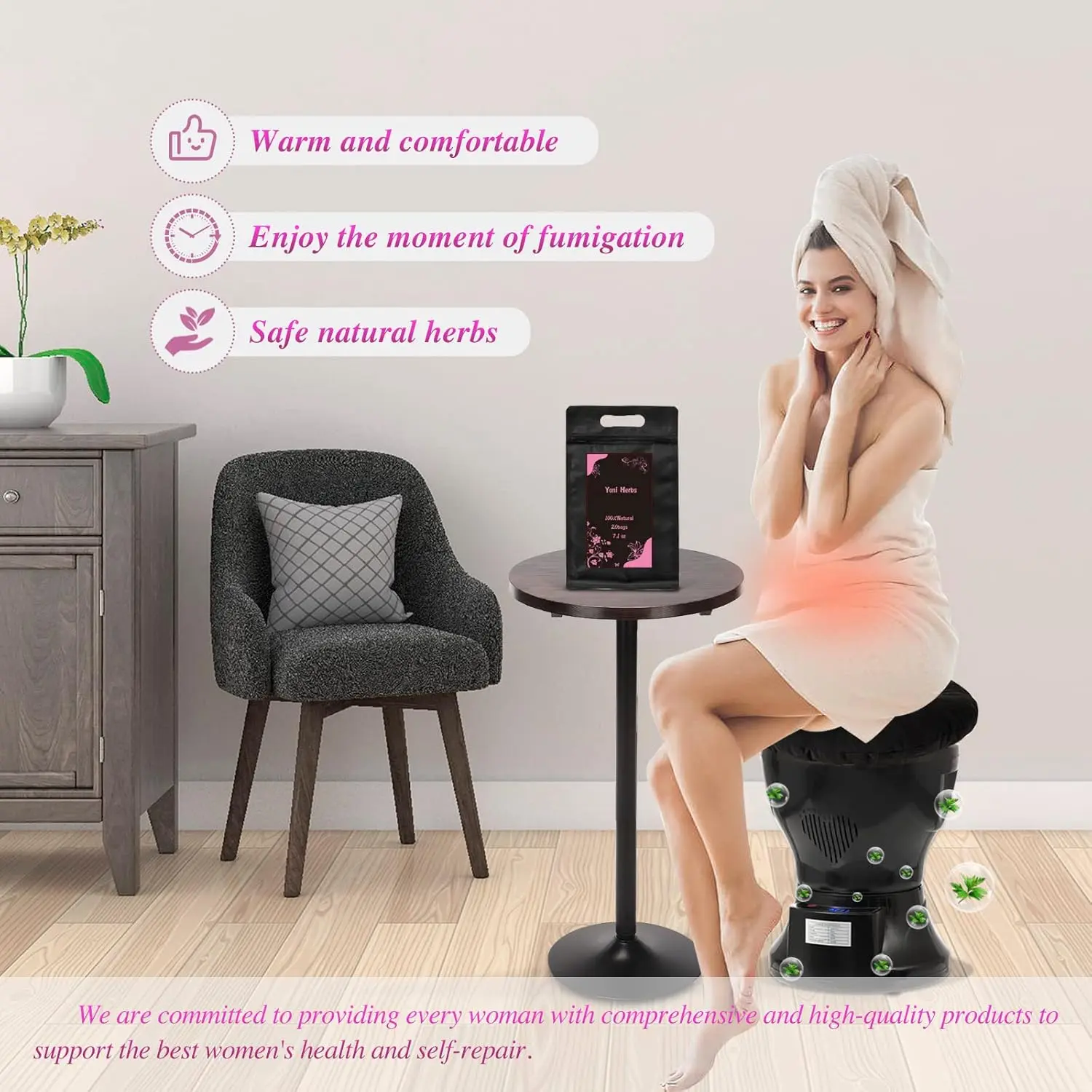 This yoni seat kit includes steaming herbs, a U cushion, and an electric v steam seat for convenient and comfortable at-home feminine care.