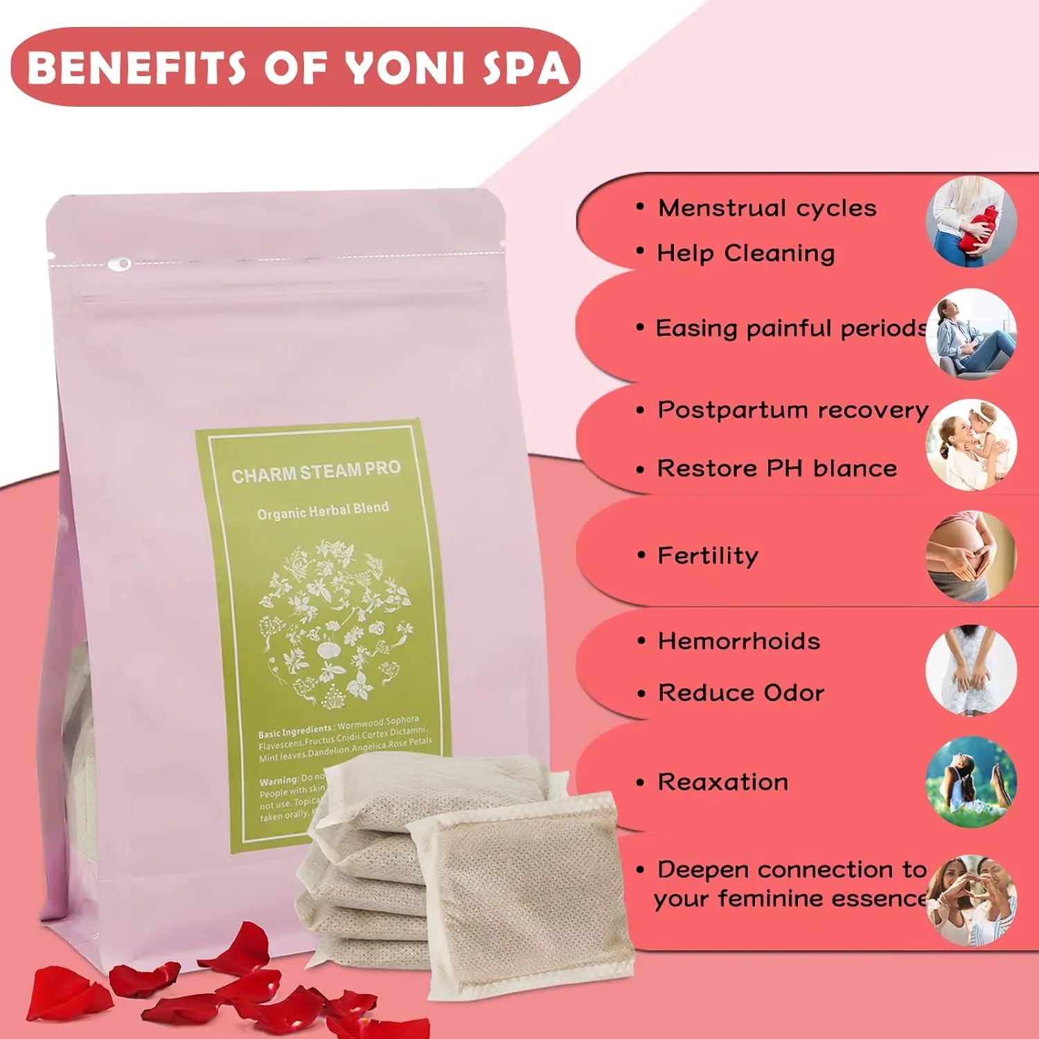 Organic yoni steam herbs provide feminine cleansing, postpartum care, and pH balance with a blend of natural herbs in convenient individual bags.