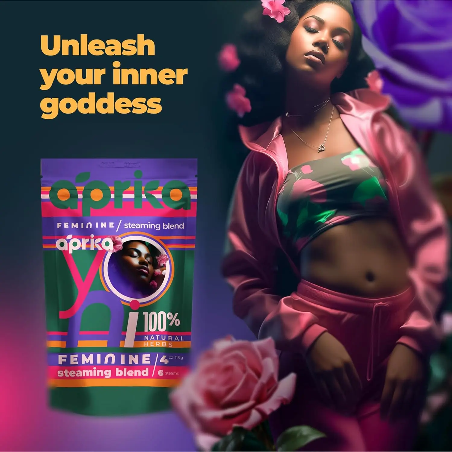 Aprikalife Yoni Steaming Herbs kit with 17 natural healing herbs for feminine cleansing, tightening, soothing, and rejuvenation, offering a chemical-free v steam experience.