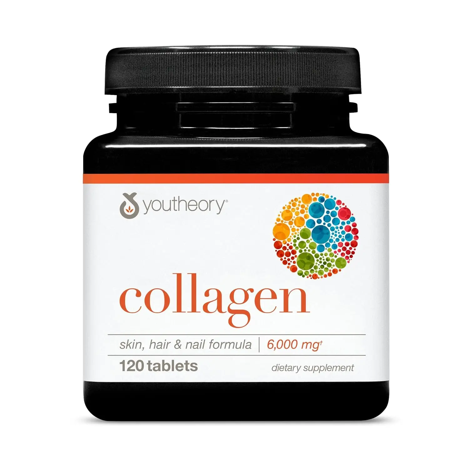 Youtheory Advanced Collagen supplement with 6000mg of hydrolyzed collagen peptides and vitamin C, supporting healthy aging, hair, skin, and nails for both women and men.
