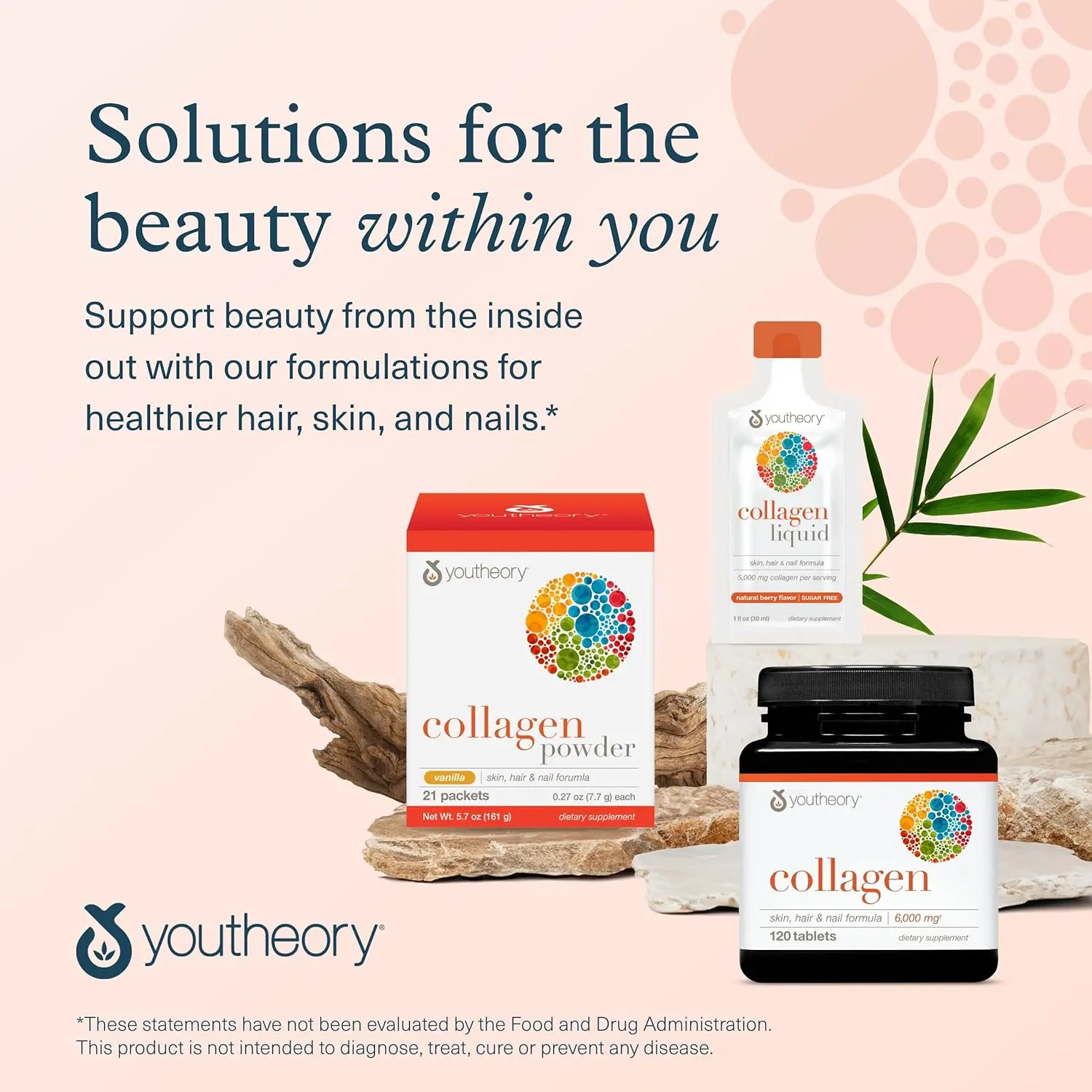 Youtheory Advanced Collagen supplement with 6000mg of hydrolyzed collagen peptides and vitamin C, supporting healthy aging, hair, skin, and nails for both women and men.