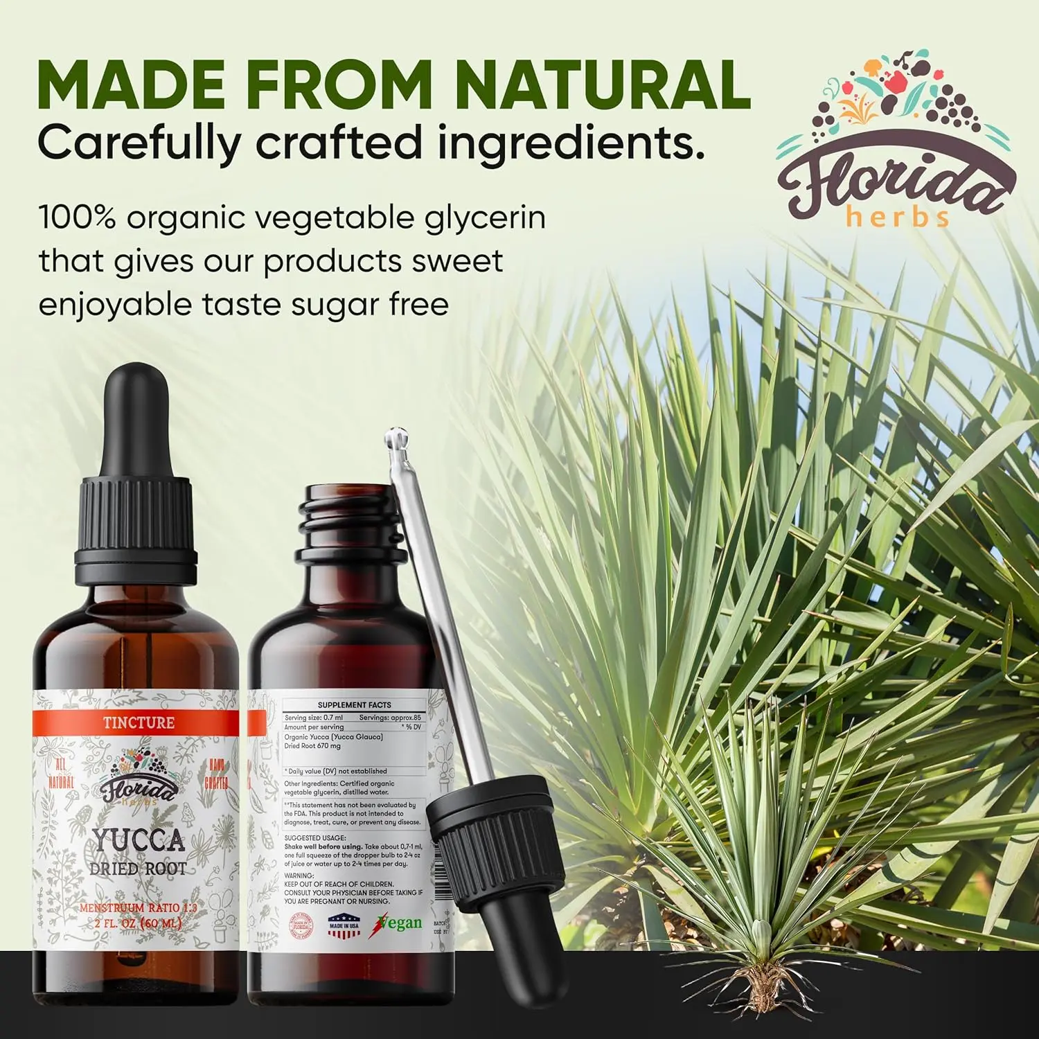 This is a two-ounce bottle of yucca tincture organic extract, a gluten-free herbal supplement made with yucca glauca dried root in cold-pressed vegetable glycerin.