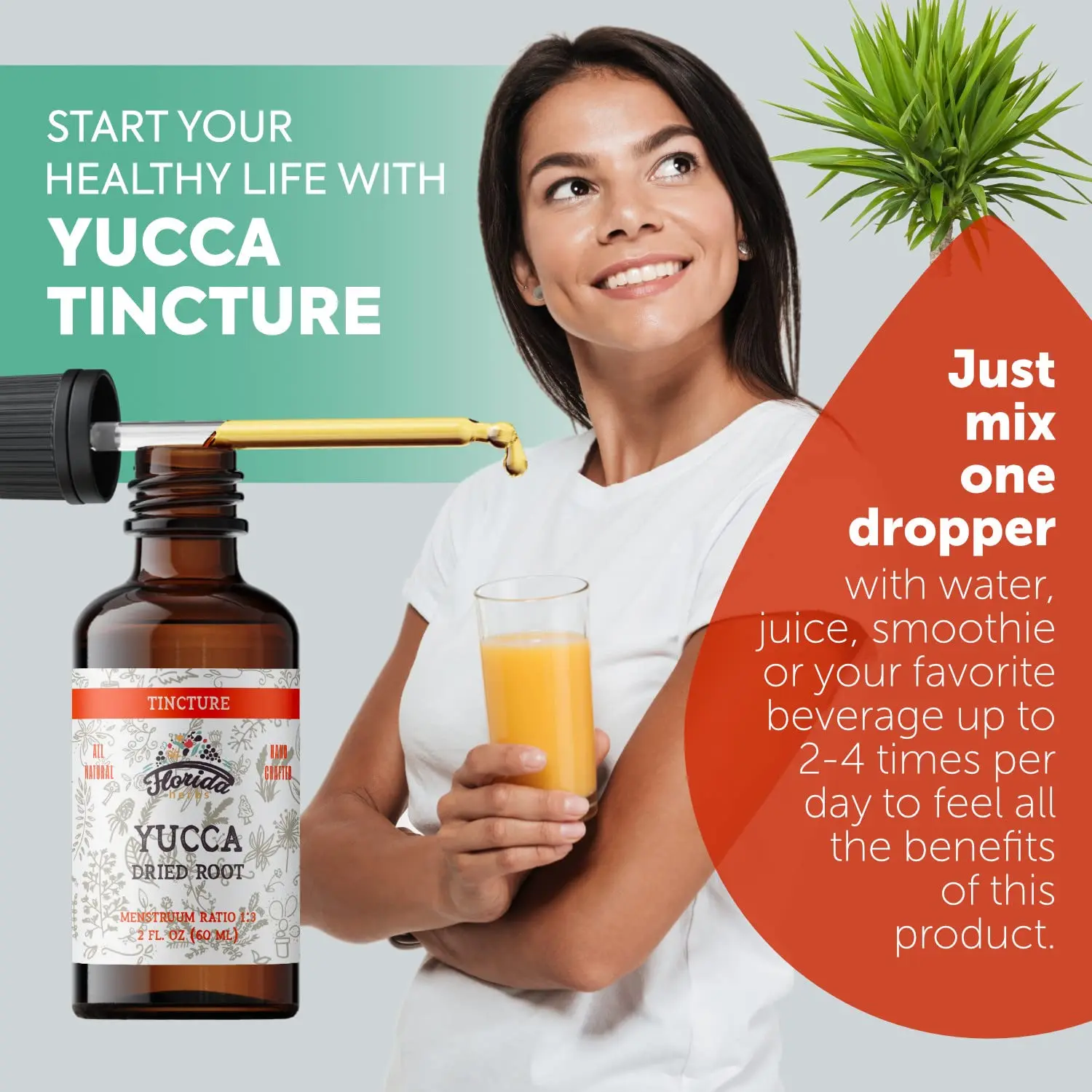 This is a two-ounce bottle of yucca tincture organic extract, a gluten-free herbal supplement made with yucca glauca dried root in cold-pressed vegetable glycerin.