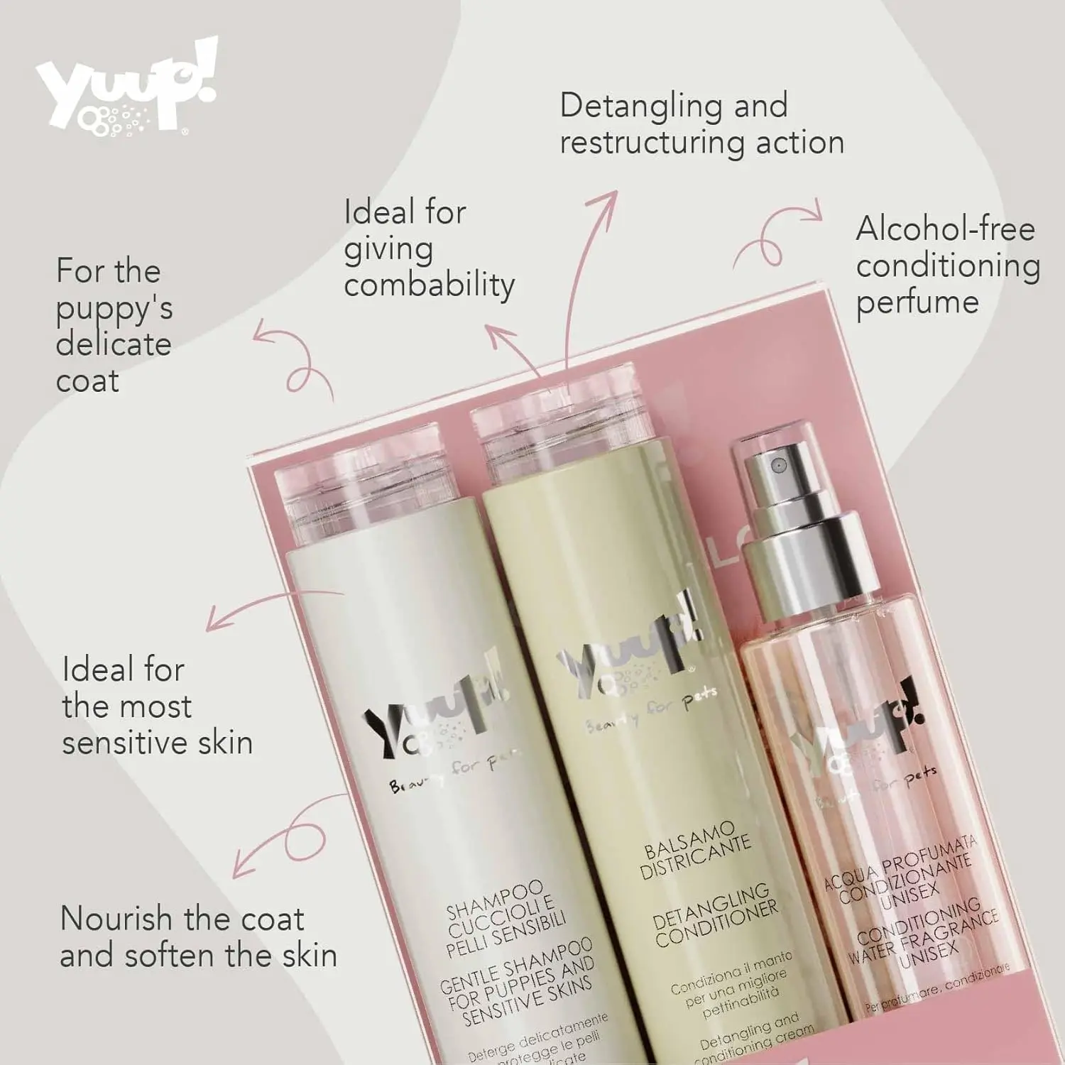 YUUP! puppy grooming kit from Italy including gentle shampoo, detangling conditioner, and conditioning water fragrance spray for all breeds and hair types.