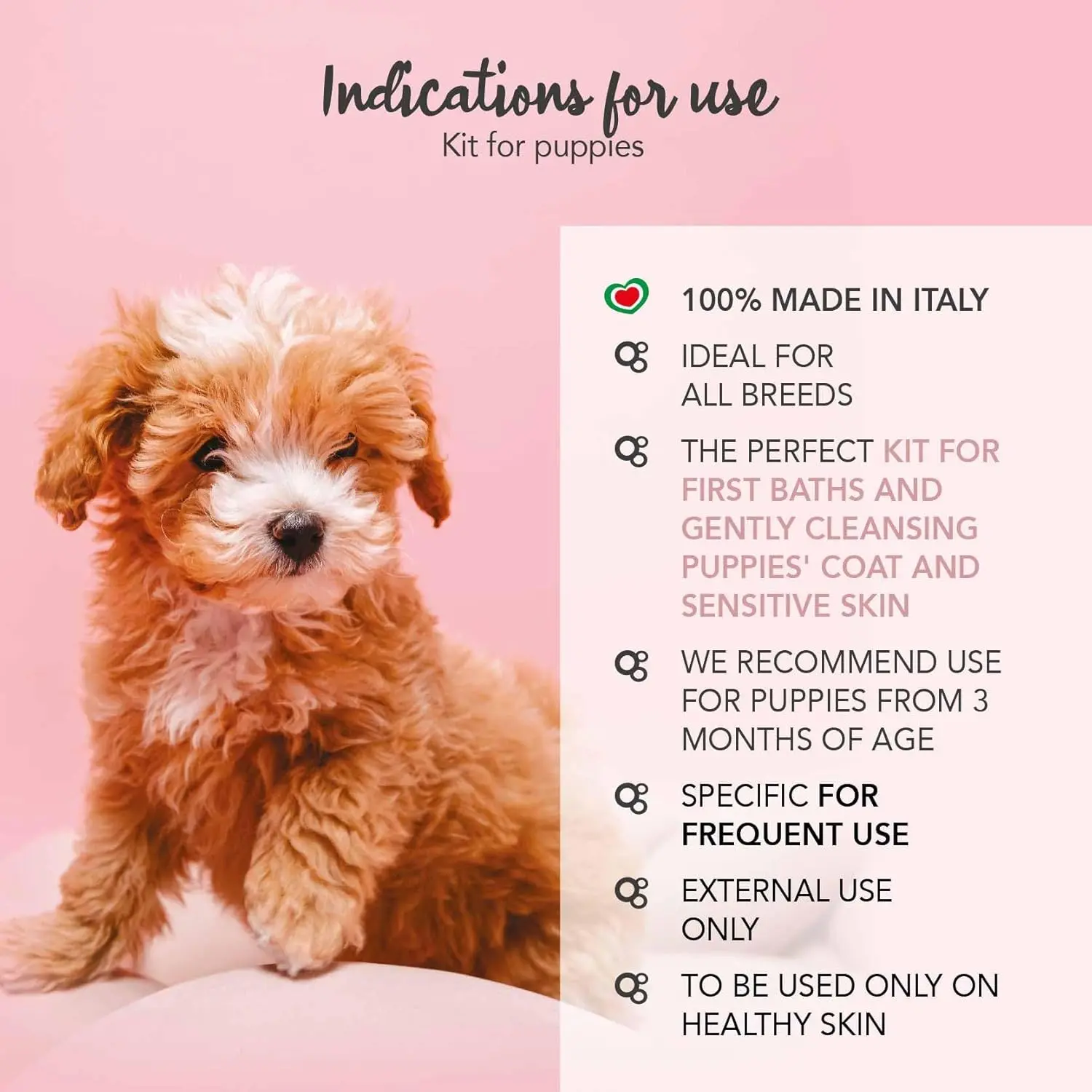 YUUP! puppy grooming kit from Italy including gentle shampoo, detangling conditioner, and conditioning water fragrance spray for all breeds and hair types.