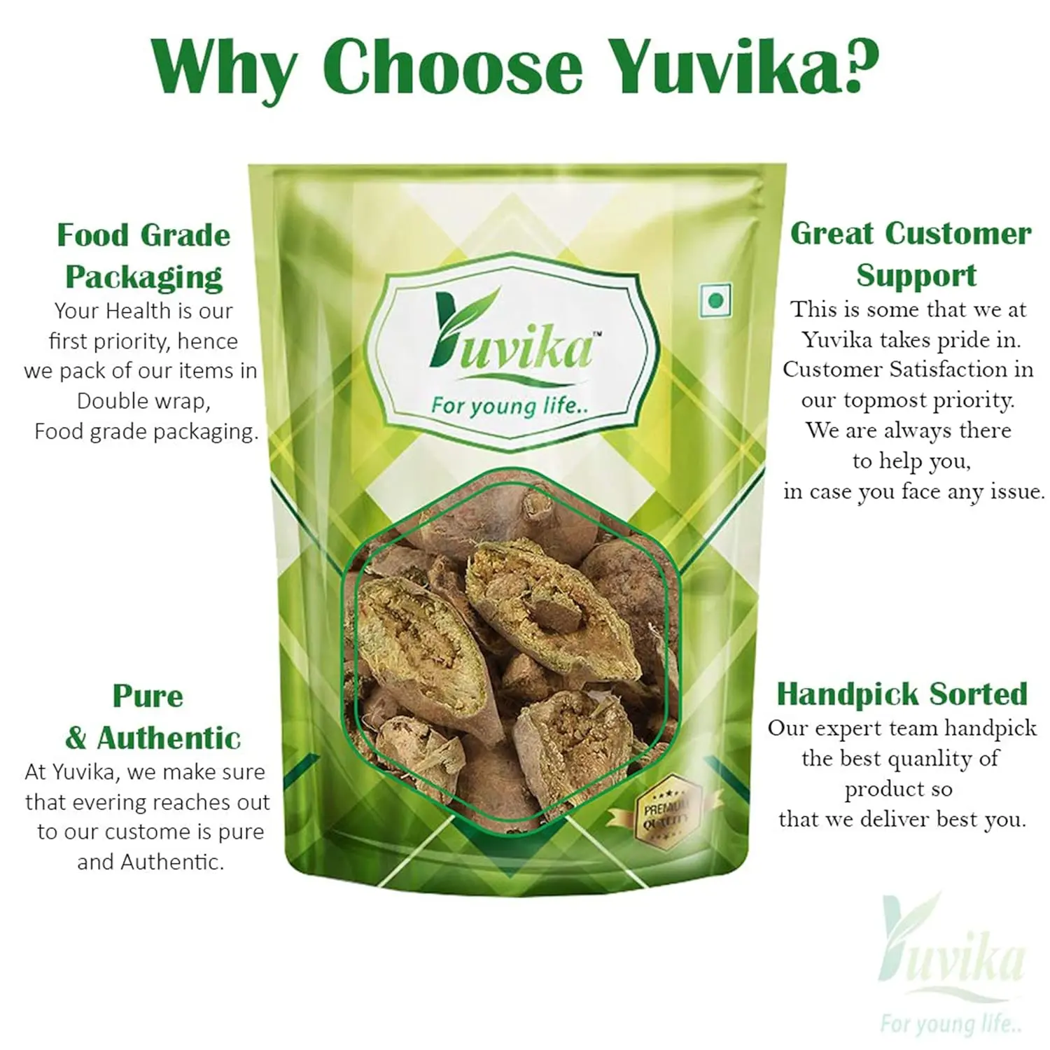 This is a package of YUVIKA Bahera Chilka, a fresh and pure, all-natural Indian ingredient, free from artificial colors.