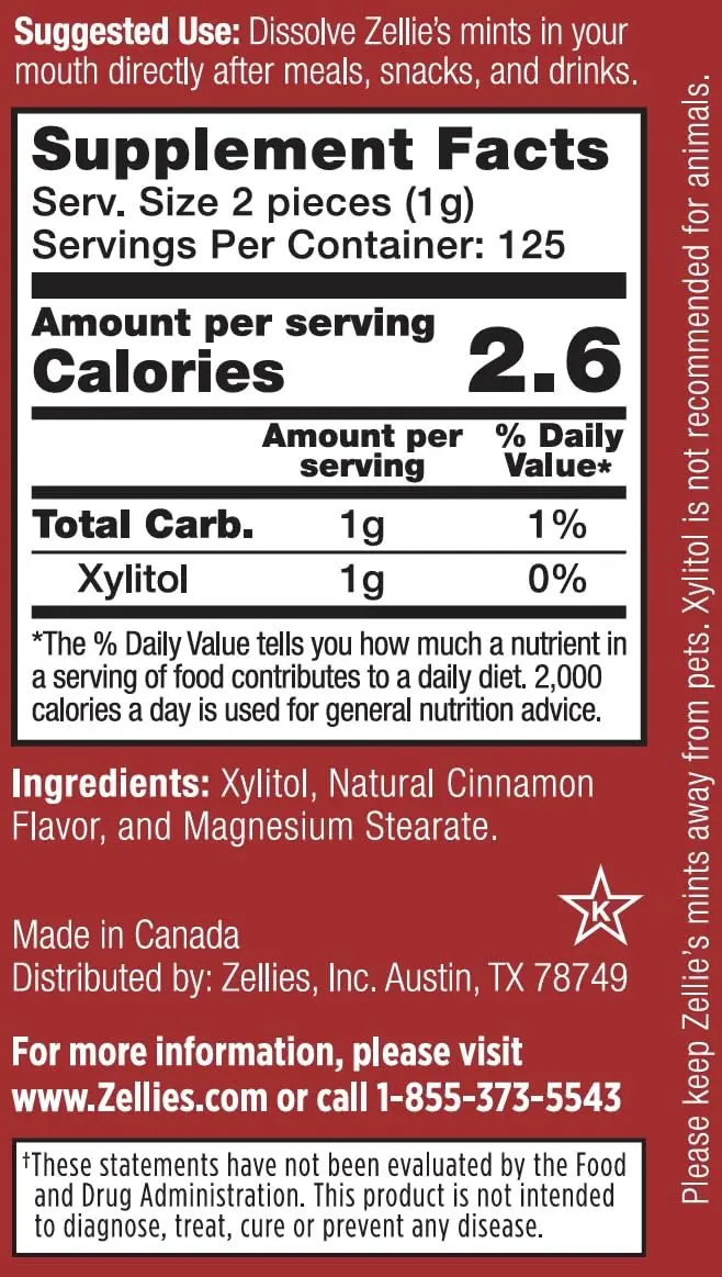 This is a 250-count package of Zellies cinnamon flavored mints sweetened with xylitol, a sugar alternative that promotes oral health and freshens breath.