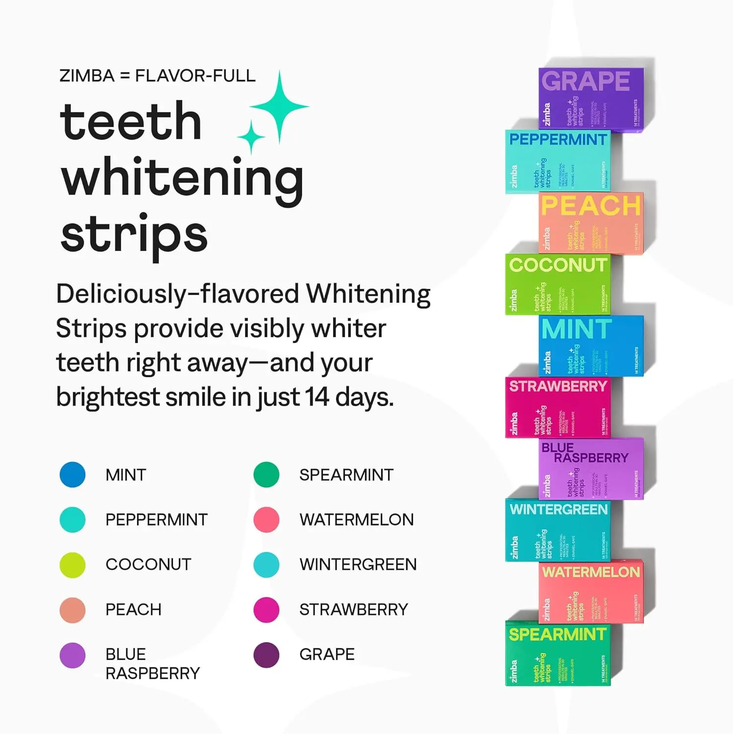Zimba teeth whitening strips gently whiten sensitive teeth with natural coconut and mint oil, removing stains from coffee, tea, and wine for a brighter, confident smile in just 30 minutes.