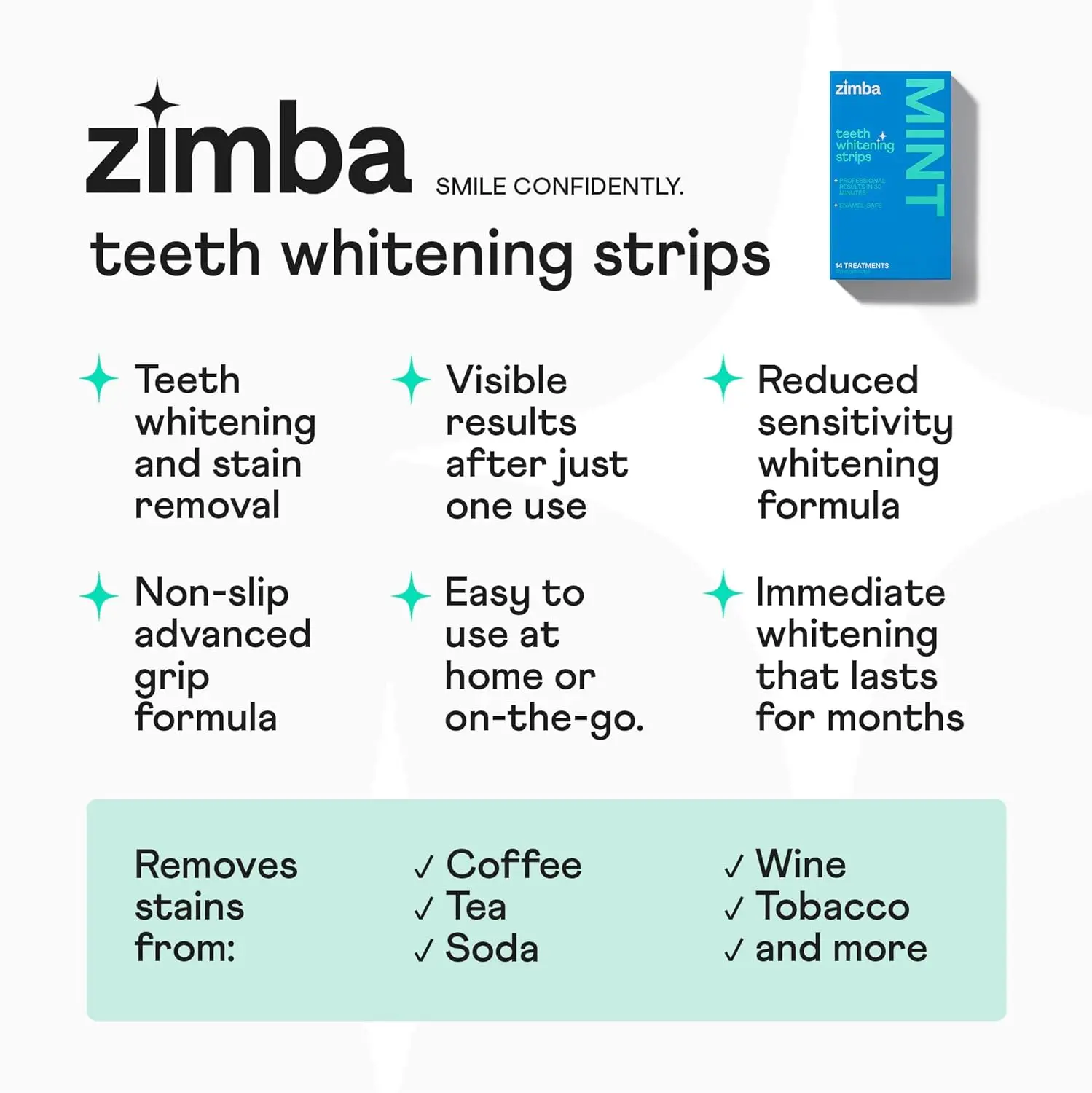 Zimba teeth whitening strips gently whiten sensitive teeth with natural coconut and mint oil, removing stains from coffee, tea, and wine for a brighter, confident smile in just 30 minutes.