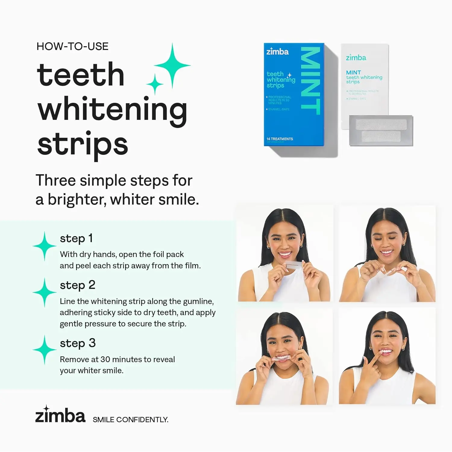 Zimba teeth whitening strips gently whiten sensitive teeth with natural coconut and mint oil, removing stains from coffee, tea, and wine for a brighter, confident smile in just 30 minutes.