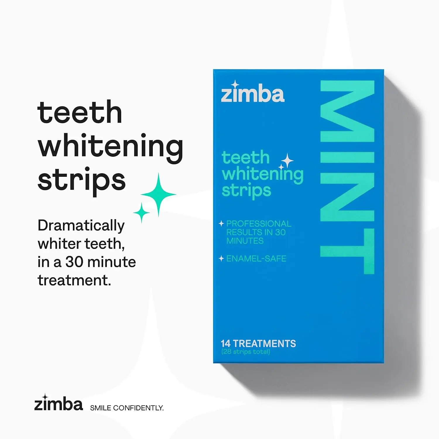 Zimba teeth whitening strips gently whiten sensitive teeth with natural coconut and mint oil, removing stains from coffee, tea, and wine for a brighter, confident smile in just 30 minutes.