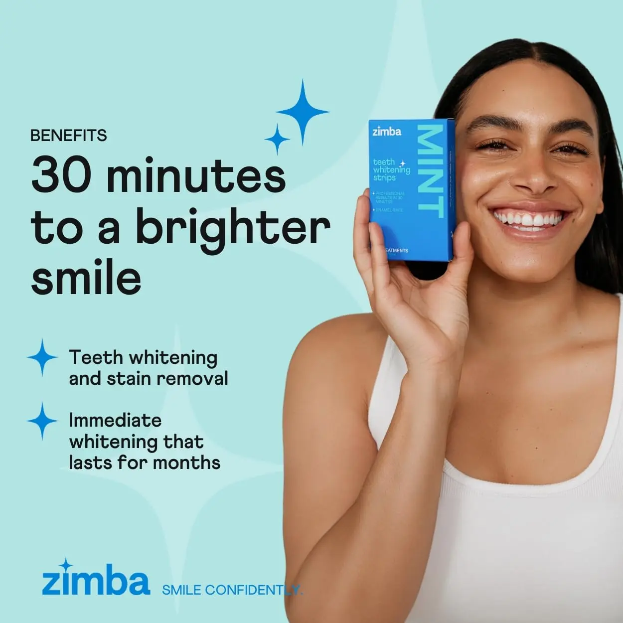 ZIMBA mint flavored teeth whitening strips gently and effectively remove stains, with natural ingredients and reduced sensitivity for a brighter, whiter smile.