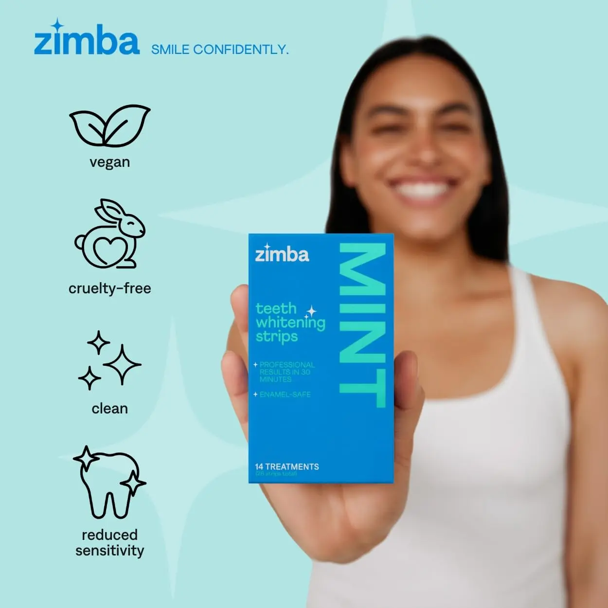 ZIMBA mint flavored teeth whitening strips gently and effectively remove stains, with natural ingredients and reduced sensitivity for a brighter, whiter smile.
