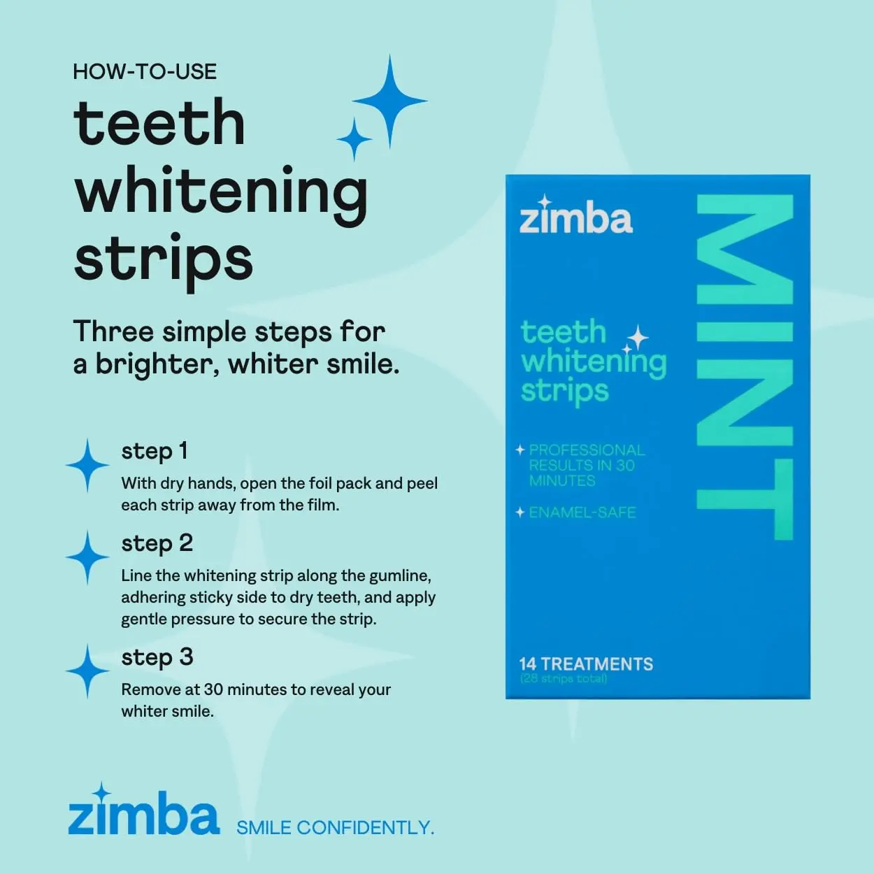 ZIMBA mint flavored teeth whitening strips gently and effectively remove stains, with natural ingredients and reduced sensitivity for a brighter, whiter smile.