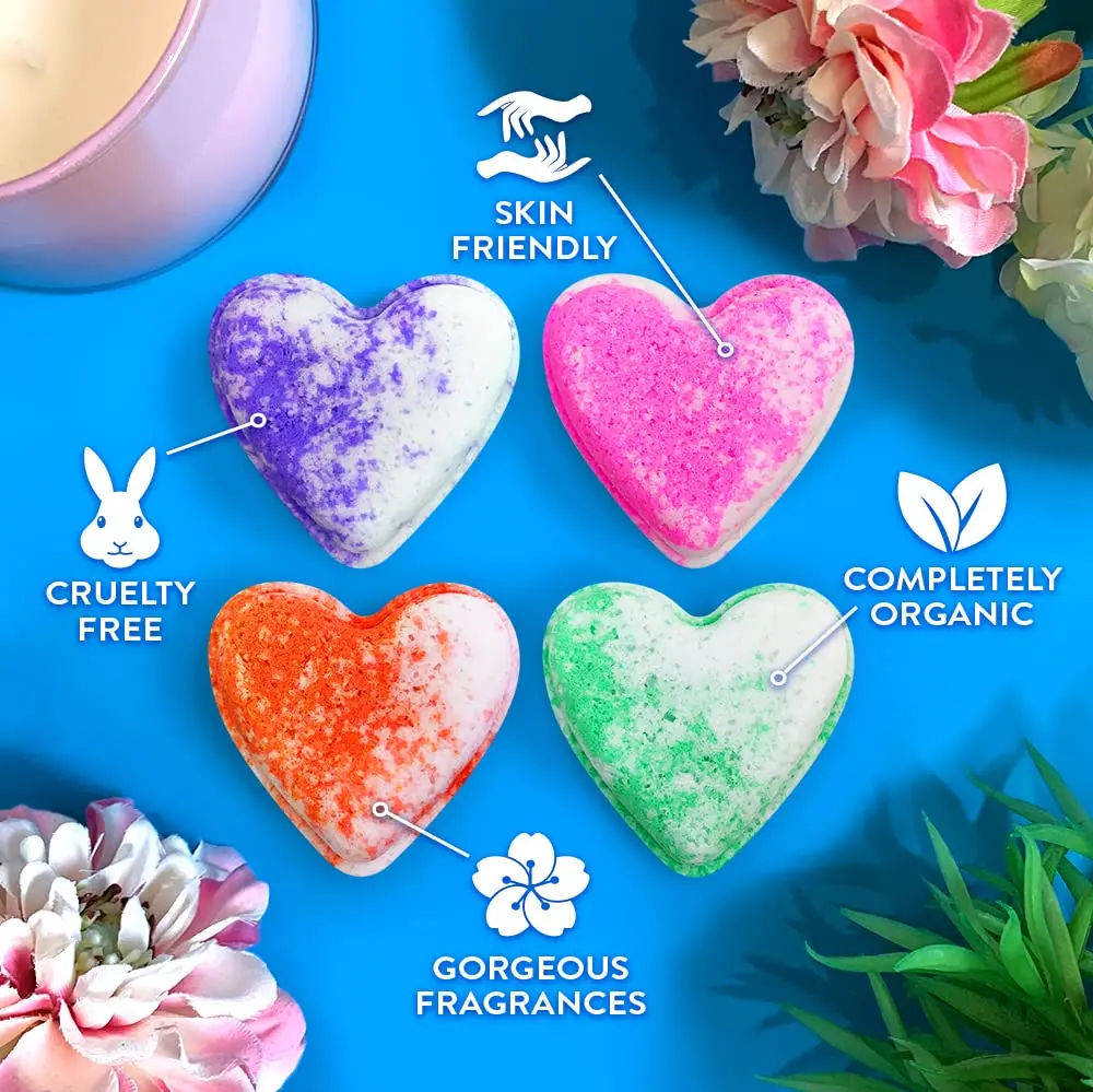 This is a set of four large, love heart-shaped Zimpli Gifts bath bombs, a fizzy spa moisturizing gift set made in the UK that's vegan friendly and ideal for birthdays and anniversaries, perfect for women with dry skin.