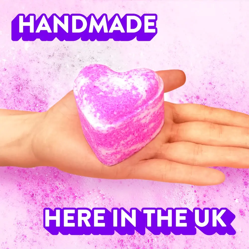 This is a set of four large, love heart-shaped Zimpli Gifts bath bombs, a fizzy spa moisturizing gift set made in the UK that's vegan friendly and ideal for birthdays and anniversaries, perfect for women with dry skin.