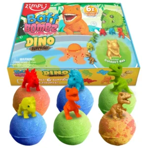 Six colorful Zimpli Kids bath bombs with surprise dinosaur toys inside, perfect as a fun and safe children's bath toy and birthday gift, made in the UK.
