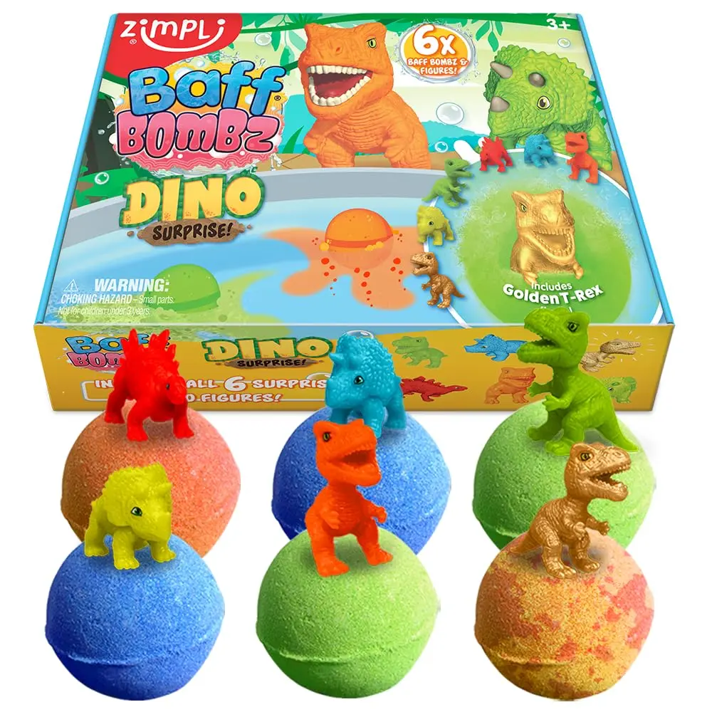 Six colorful Zimpli Kids bath bombs with surprise dinosaur toys inside, perfect as a fun and safe children's bath toy and birthday gift, made in the UK.