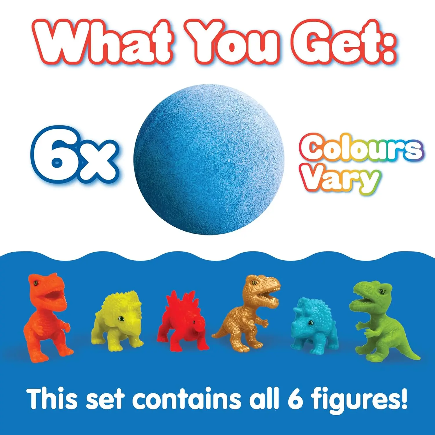 Six colorful Zimpli Kids bath bombs with surprise dinosaur toys inside, perfect as a fun and safe children's bath toy and birthday gift, made in the UK.