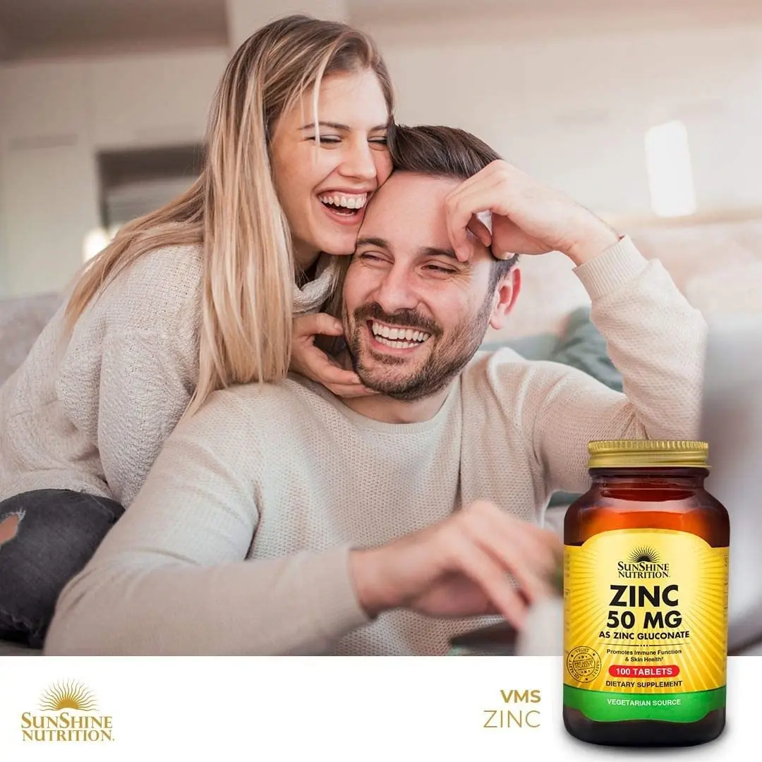 Sunshine Nutrition Zinc 50mg tablets support a strong immune system, promote healthy skin, hair, and nails, and provide antioxidant protection.