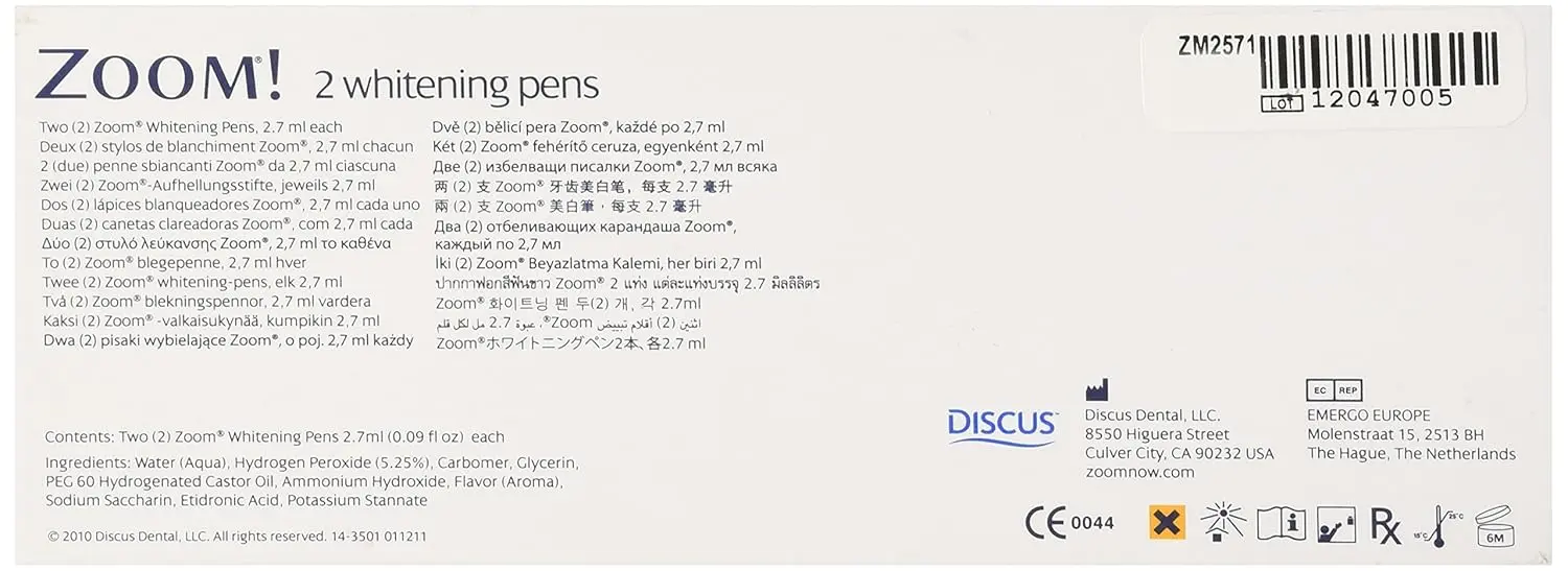 This image shows Zoom whitening pens for quick and easy teeth whitening touch-ups at home or on the go with a 5.25% hydrogen peroxide formula for effective stain removal.