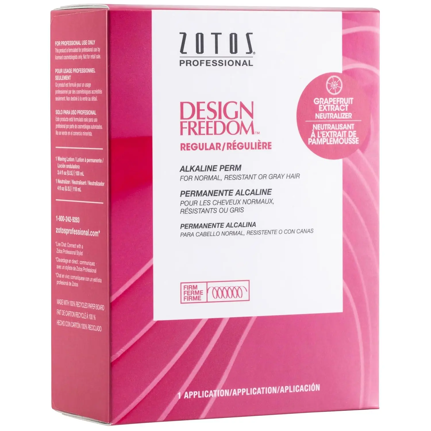 Zotos Design Freedom Regular Alkaline Perm provides creative flexibility, locking in curls while providing shine and manageability with grapefruit extracts.